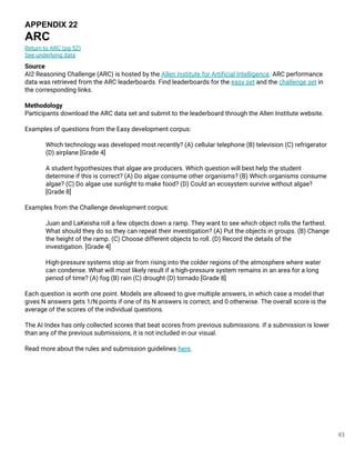 93
APPENDIX 22
ARC
Return to ARC (pg 52)
See underlying data
Source
AI2 Reasoning Challenge (ARC) is hosted by the Allen Institute for Artificial Intelligence. ARC performance
data was retrieved from the ARC leaderboards. Find leaderboards for the easy set and the challenge set in
the corresponding links.
Methodology
Participants download the ARC data set and submit to the leaderboard through the Allen Institute website.
Examples of questions from the Easy development corpus:
Which technology was developed most recently? (A) cellular telephone (B) television (C) refrigerator
(D) airplane [Grade 4]
A student hypothesizes that algae are producers. Which question will best help the student
determine if this is correct? (A) Do algae consume other organisms? (B) Which organisms consume
algae? (C) Do algae use sunlight to make food? (D) Could an ecosystem survive without algae?
[Grade 8]
Examples from the Challenge development corpus:
Juan and LaKeisha roll a few objects down a ramp. They want to see which object rolls the farthest.
What should they do so they can repeat their investigation? (A) Put the objects in groups. (B) Change
the height of the ramp. (C) Choose different objects to roll. (D) Record the details of the
investigation. [Grade 4]
High-pressure systems stop air from rising into the colder regions of the atmosphere where water
can condense. What will most likely result if a high-pressure system remains in an area for a long
period of time? (A) fog (B) rain (C) drought (D) tornado [Grade 8]
Each question is worth one point. Models are allowed to give multiple answers, in which case a model that
gives N answers gets 1/N points if one of its N answers is correct, and 0 otherwise. The overall score is the
average of the scores of the individual questions.
The AI Index has only collected scores that beat scores from previous submissions. If a submission is lower
than any of the previous submissions, it is not included in our visual.
Read more about the rules and submission guidelines here.
 