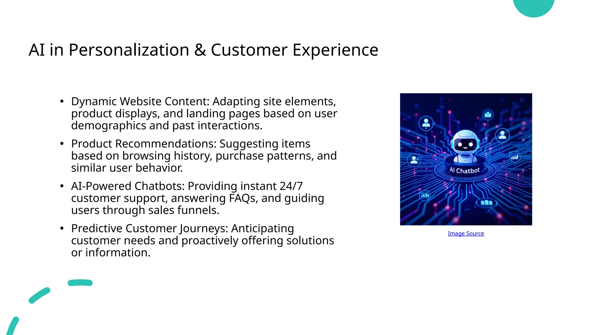 AI in Personalization & Customer Experience
• Dynamic Website Content: Adapting site elements,
product displays, and landing pages based on user
demographics and past interactions.
• Product Recommendations: Suggesting items
based on browsing history, purchase patterns, and
similar user behavior.
• AI-Powered Chatbots: Providing instant 24/7
customer support, answering FAQs, and guiding
users through sales funnels.
• Predictive Customer Journeys: Anticipating
customer needs and proactively offering solutions
or information.
Image Source
 