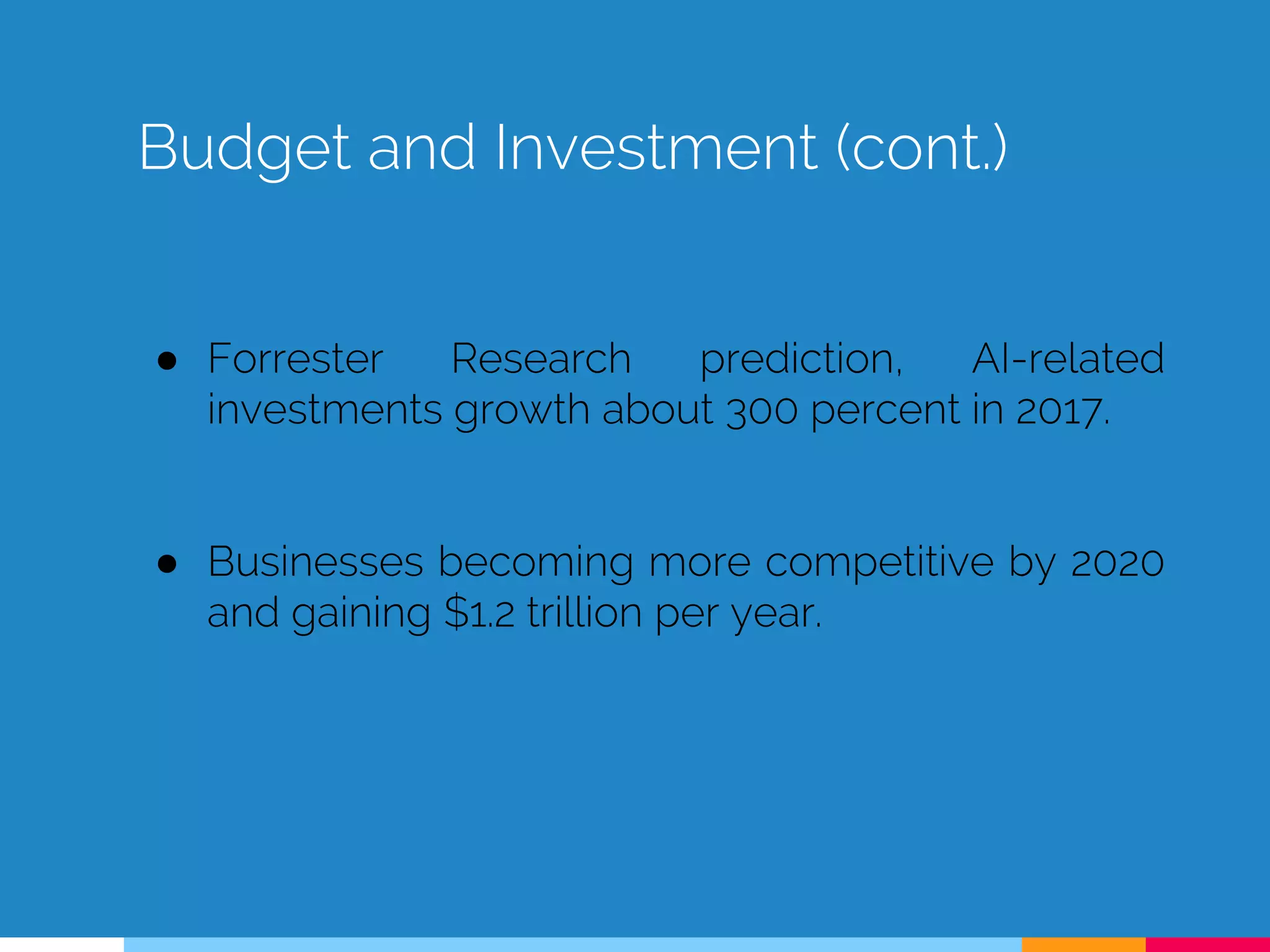 Budget and Investment (cont.)
● Forrester Research prediction, AI-related
investments growth about 300 percent in 2017.
● Businesses becoming more competitive by 2020
and gaining $1.2 trillion per year.
