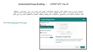 ‫مختلف‬ ‫خصائص‬ ‫على‬ ‫بناء‬ ‫الدرجات‬ ‫وتقديم‬ ‫المقاالت‬ ‫لتحليل‬ ‫اآللي‬ ‫التعلم‬ ‫خوارزميات‬ ‫استخدام‬
‫ة‬
‫ذلك‬ ‫إلى‬ ‫وما‬ ‫العام‬ ‫والتنظيم‬ ‫الجملة‬ ‫وهيكل‬ ‫المرجعية‬ ‫والتقنيات‬ ‫والمعايير‬ ‫المفردات‬ ‫استخدام‬ ‫مثل‬
.
‫للمقاالت‬ ‫اآللية‬ ‫الدرجات‬
-
Automated Essay Grading
Tools like Gradescope and E-rater
AI-Grading Systems
 