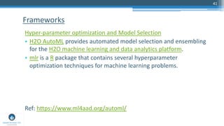 41
Hyper-parameter optimization and Model Selection
• H2O AutoML provides automated model selection and ensembling
for the...