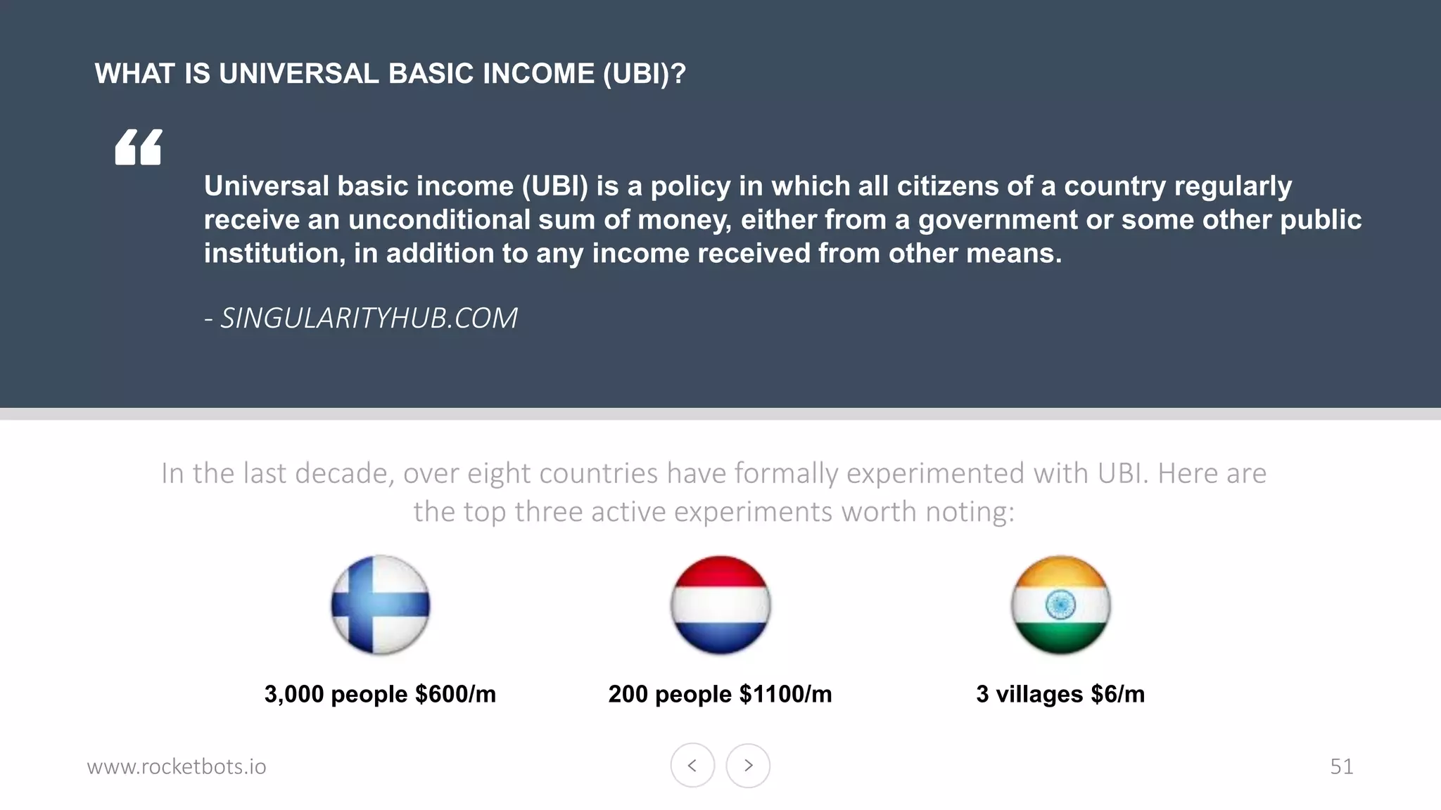 www.rocketbots.io
OUR COMPANY
51
In the last decade, over eight countries have formally experimented with UBI. Here are
the top three active experiments worth noting:
Universal basic income (UBI) is a policy in which all citizens of a country regularly
receive an unconditional sum of money, either from a government or some other public
institution, in addition to any income received from other means.
- SINGULARITYHUB.COM
“
WHAT IS UNIVERSAL BASIC INCOME (UBI)?
3,000 people $600/m 200 people $1100/m 3 villages $6/m
 