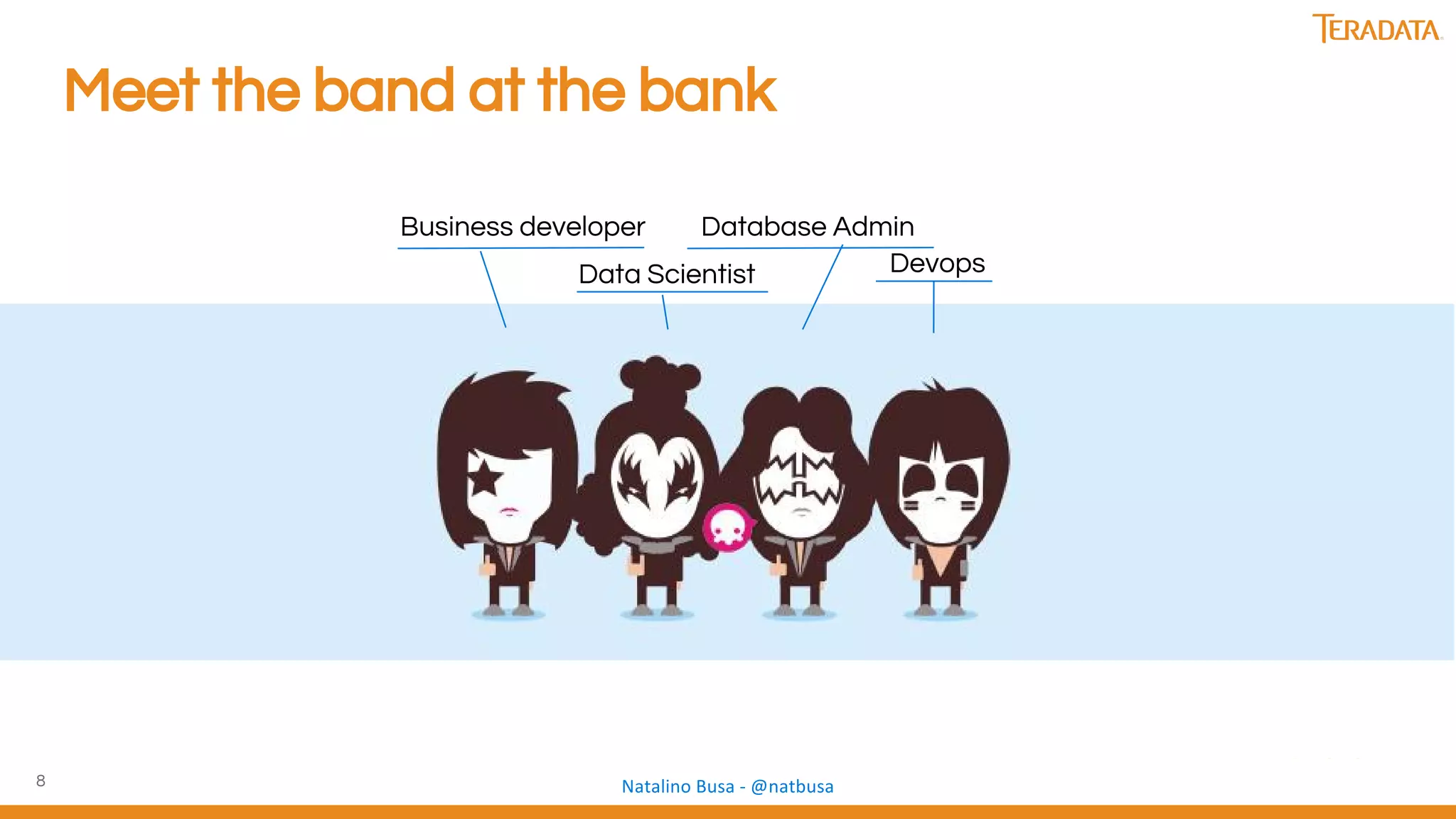 8
Meet the band at the bank
Business developer
Data Scientist
Database Admin
Devops
 