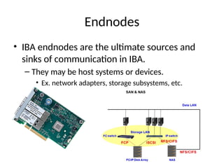 Endnodes
• IBA endnodes are the ultimate sources and
sinks of communication in IBA.
– They may be host systems or devices.
• Ex. network adapters, storage subsystems, etc.
 