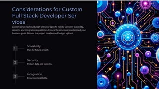 Considerations for Custom
Full Stack Developer Ser
vices
Custom services should align with your specific needs. Consider scalability,
security, and integration capabilities. Ensure the developers understand your
business goals. Discuss the project timeline and budget upfront.
Scalability
Plan for future growth.
2
3
Integration
Ensure compatibility.
Security
Protect data and systems.
1
 