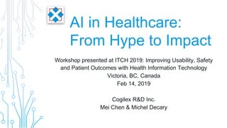 Chen & Decary, ITCH 2019
AI in Healthcare:
From Hype to Impact
Workshop presented at ITCH 2019: Improving Usability, Safety
and Patient Outcomes with Health Information Technology
Victoria, BC, Canada
Feb 14, 2019
Cogilex R&D Inc.
Mei Chen & Michel Decary
 