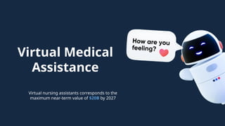 Virtual Medical
Assistance
Virtual nursing assistants corresponds to the
maximum near-term value of $20B by 2027
 