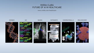 NVIDIA CLARA
FUTURE OF AI IN HEALTHCARE
NLP IMAGING INSTRUMENTS CONVERSATIONAL AI DRUG DISCOVERY
GENOMICS
www.nvidia.com/healthcare
 