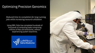 Optimizing Precision Genomics
Reduced time-to-completion for long-running
jobs while increasing resource utilization
Using IBM, Sidra has completed hundreds of
thousands of computing tasks comprising
millions of files and directories, without
experiencing system downtime.
 