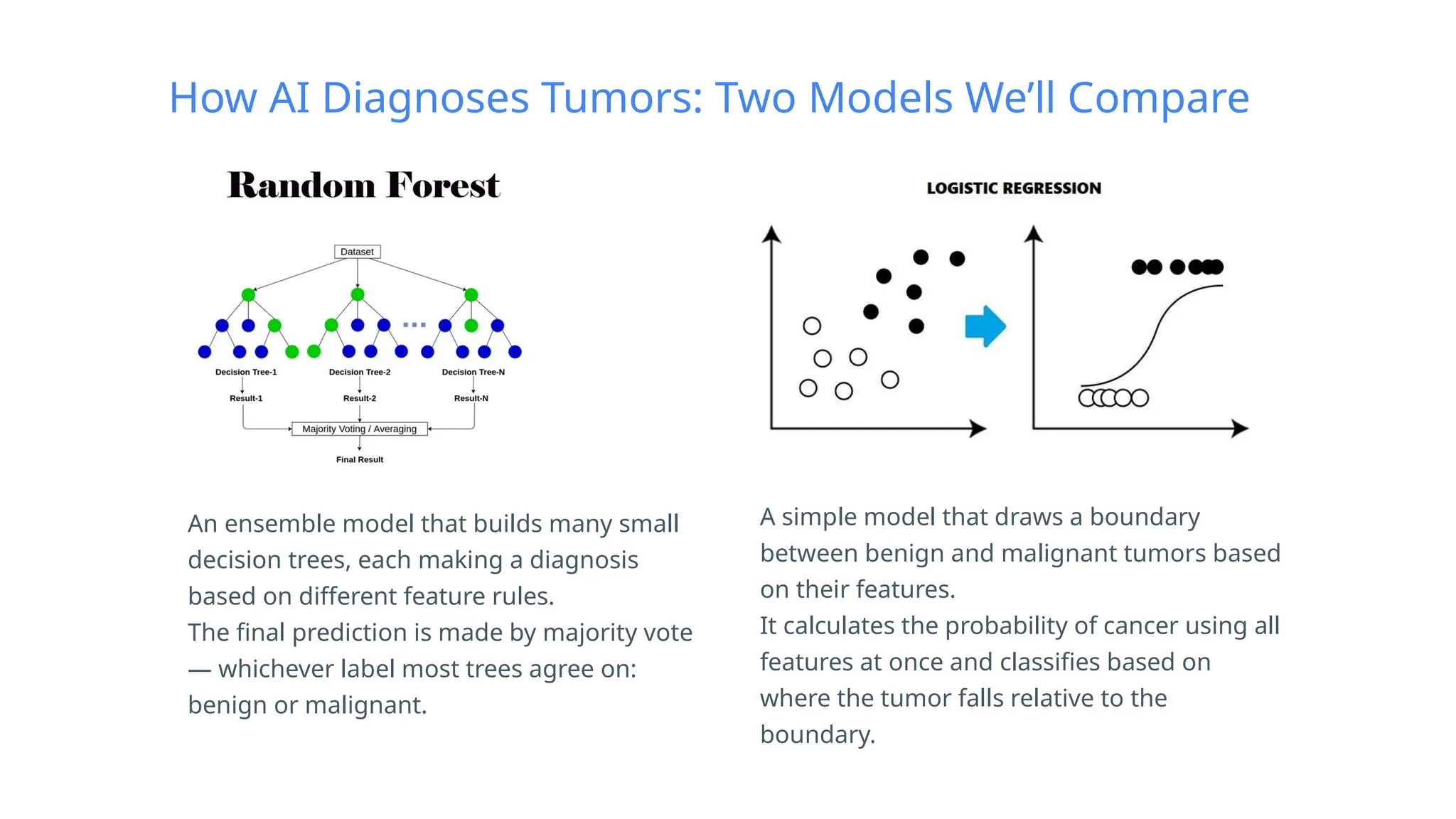 Resources
How AI Diagnoses Tumors: Two Models We’ll Compare
A simple model that draws a boundary
between benign and malignant tumors based
on their features.
It calculates the probability of cancer using all
features at once and classifies based on
where the tumor falls relative to the
boundary.
An ensemble model that builds many small
decision trees, each making a diagnosis
based on different feature rules.
The final prediction is made by majority vote
— whichever label most trees agree on:
benign or malignant.
 