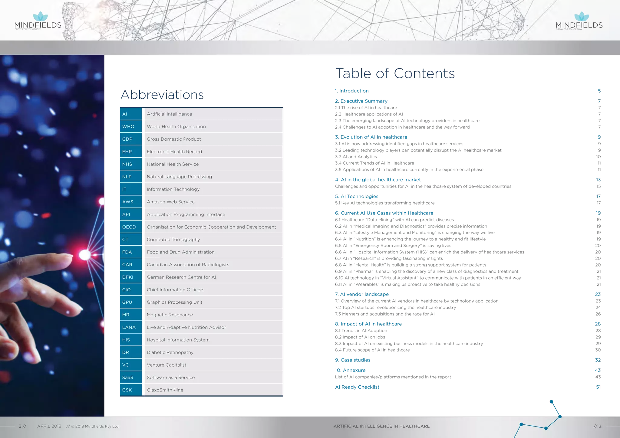 Table of Contents
Abbreviations
AI Artificial Intelligence
WHO World Health Organisation
GDP Gross Domestic Product
EHR Electronic Health Record
NHS National Health Service
NLP Natural Language Processing
IT Information Technology
AWS Amazon Web Service
API Application Programming Interface
OECD Organisation for Economic Cooperation and Development
CT Computed Tomography
FDA Food and Drug Administration
CAR Canadian Association of Radiologists
DFKI German Research Centre for AI
CIO Chief Information Officers
GPU Graphics Processing Unit
MR Magnetic Resonance
LANA Live and Adaptive Nutrition Advisor
HIS Hospital Information System
DR Diabetic Retinopathy
VC Venture Capitalist
SaaS Software as a Service
GSK GlaxoSmithKline
1. Introduction	 5
2. Executive Summary	 7
2.1 The rise of AI in healthcare 	 7
2.2 Healthcare applications of AI	 7
2.3 The emerging landscape of AI technology providers in healthcare	 7
2.4 Challenges to AI adoption in healthcare and the way forward	 7
3. Evolution of AI in healthcare	 9
3.1 AI is now addressing identified gaps in healthcare services	 9
3.2 Leading technology players can potentially disrupt the AI healthcare market 	 9
3.3 AI and Analytics	 10
3.4 Current Trends of AI in Healthcare	 11
3.5 Applications of AI in healthcare currently in the experimental phase 	 11
4. AI in the global healthcare market	 13
Challenges and opportunities for AI in the healthcare system of developed countries	 15
5. AI Technologies	 17
5.1 Key AI technologies transforming healthcare 	 17
6. Current AI Use Cases within Healthcare	 19
6.1 Healthcare “Data Mining” with AI can predict diseases	 19
6.2 AI in “Medical Imaging and Diagnostics” provides precise information 	 19
6.3 AI in “Lifestyle Management and Monitoring” is changing the way we live	 19
6.4 AI in “Nutrition” is enhancing the journey to a healthy and fit lifestyle 	 19
6,5 AI in “Emergency Room and Surgery” is saving lives	 20
6.6 AI in “Hospital Information System (HIS)” can enrich the delivery of healthcare services 	 20
6.7 AI in “Research” is providing fascinating insights	 20
6.8 AI in “Mental Health” is building a strong support system for patients 	 20
6.9 AI in “Pharma” is enabling the discovery of a new class of diagnostics and treatment 	 21
6.10 AI technology in “Virtual Assistant” to communicate with patients in an efficient way 	 21
6.11 AI in “Wearables” is making us proactive to take healthy decisions 	 21
7. AI vendor landscape	 23
7.1 Overview of the current AI vendors in healthcare by technology application	 23
7.2 Top AI startups revolutionizing the healthcare industry	 24
7.3 Mergers and acquisitions and the race for AI	 26
8. Impact of AI in healthcare	 28
8.1 Trends in AI Adoption	 28
8.2 Impact of AI on jobs 	 29
8.3 Impact of AI on existing business models in the healthcare industry	 29
8.4 Future scope of AI in healthcare	 30
9. Case studies	 32
10. Annexure	 43
List of AI companies/platforms mentioned in the report	 43
AI Ready Checklist	 51
ARTIFICIAL INTELLIGENCE IN HEALTHCAREAPRIL 2018 // © 2018 Mindfields Pty Ltd.2 // // 3
GROW FOR TOMORROWGROW FOR TOMORROW
 