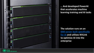 The	solution	runs	on	an	
IBM	server	built	specifically	
for	AI	and	utilizes	NVLink
to	optimize	AI	into	the	
enterprise
…	And	developed	PowerAI
that	accelerates	machine	
learning	training	and	AI	tasks	
 