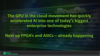 The	GPU	in	the	cloud	movement	has	quickly	
accelerated	AI	into	one	of	today’s	biggest	
enterprise	technologies
Next	up	FPGA’s	and	ASICs	– already	happening
 