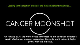 Leading	to	the	creation	of	one	of	the	most	important	initiatives	…
On	January	2016,	the	White	House	announced	its	aim	to	deliver	a	decade’s	
worth	of	advances	in	cancer	prevention,	diagnosis,	and	treatment,	in	five	
years,	with	this	initiative.
 