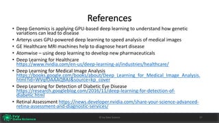 References
• Deep	Genomics	is	applying	GPU-based	deep	learning	to	understand	how	genetic	
variations	can	lead	to	disease
• Arterys uses	GPU-powered	deep	learning	to	speed	analysis	of	medical	images
• GE	Healthcare	MRI	machines	help	to	diagnose	heart	disease	
• Atomwise – using	deep	learning	to	develop	new	pharmaceuticals
• Deep	Learning	for	Healthcare																				
https://www.nvidia.com/en-us/deep-learning-ai/industries/healthcare/
• Deep	Learning	for	Medical	Image	Analysis	
https://books.google.com/books/about/Deep_Learning_for_Medical_Image_Analysis.
html?id=WVqfDAAAQBAJ&source=kp_cover
• Deep	Learning	for	Detection	of	Diabetic	Eye	Disease	
https://research.googleblog.com/2016/11/deep-learning-for-detection-of-
diabetic.html
• Retinal	Assessment	https://news.developer.nvidia.com/share-your-science-advanced-
retina-assessment-and-diagnostic-services/
©	Ivy	Data	Science 5757©	Ivy	Data	Science
 