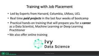 Training	with	Job	Placement
• Led	by	Experts	from	Harvard,	Columbia,	UMass,	UCL
• Real	time	paid	projects	in	the	last	four	weeks	of	bootcamp	
• Practical	hands-on	training	that	will	prepare	you	for	a	career
as	a	Data	Scientist,	Machine	Learning	or	Deep	Learning	
Practitioner
• We	also	offer	online	training	
Ivy	Data	Science						AI	- State	of	Play	v0.10							Peter	Morgan				
Dec	2016
64©	Ivy	Data	Science
 