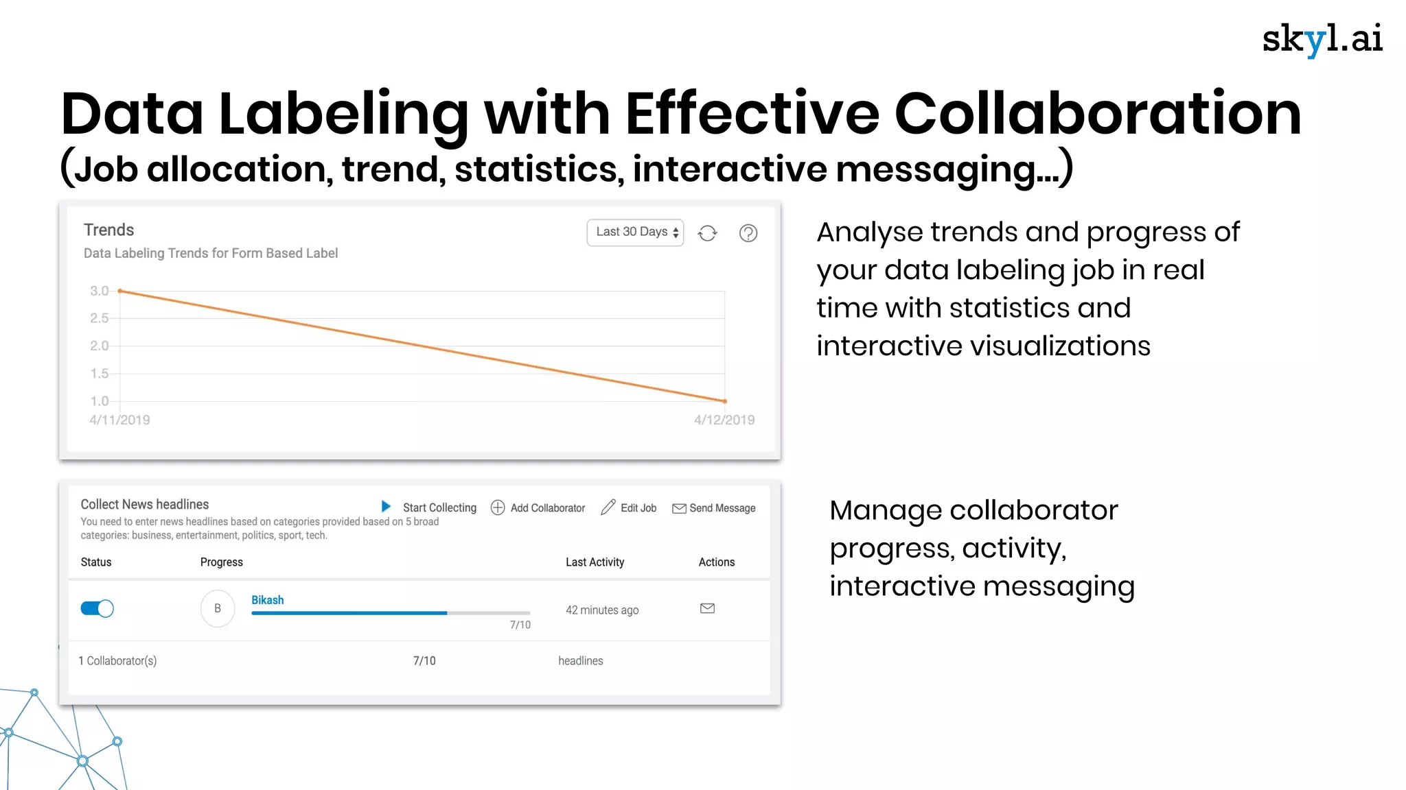 Data Labeling with Effective Collaboration
(Job allocation, trend, statistics, interactive messaging…)
Manage collaborator
progress, activity,
interactive messaging
Analyse trends and progress of
your data labeling job in real
time with statistics and
interactive visualizations
 