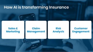 How AI is transforming Insurance
Sales &
Marketing
Claim
Management
Risk
Analysis
Customer
Engagement
 