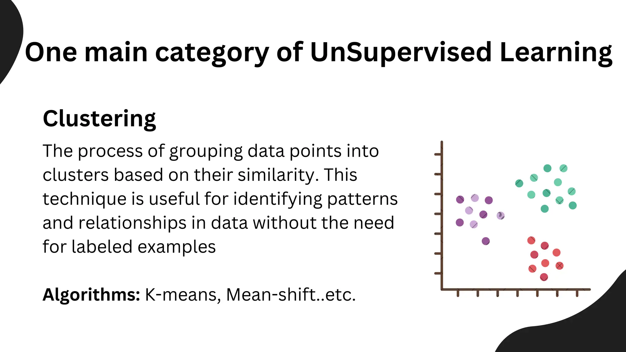 Clustering
The process of grouping data points into
clusters based on their similarity. This
technique is useful for identifying patterns
and relationships in data without the need
for labeled examples
Algorithms: K-means, Mean-shift..etc.
One main category of UnSupervised Learning
 