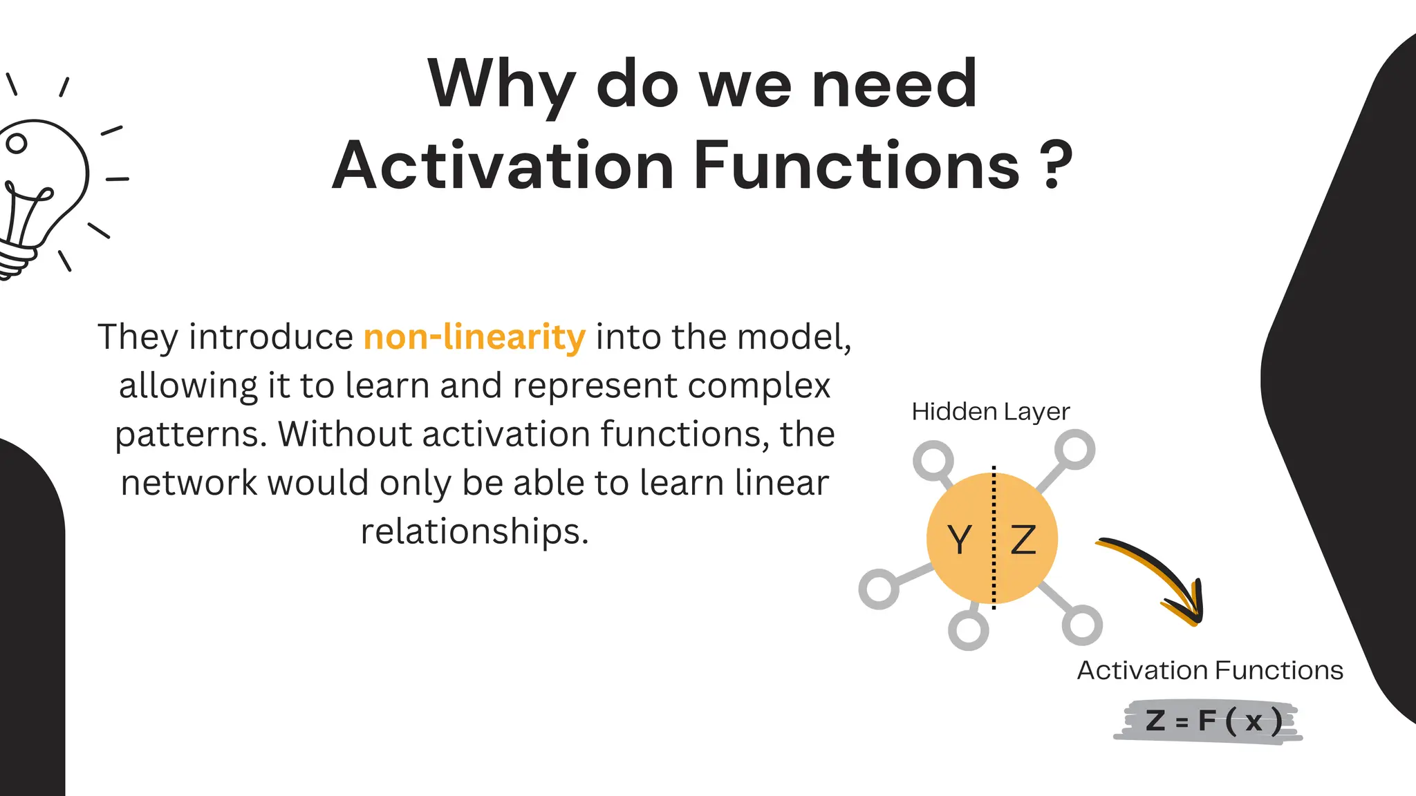 Hidden Layer
Y Z
Z = F ( x )
Why do we need
Activation Functions ?
Activation Functions
They introduce non-linearity into the model,
allowing it to learn and represent complex
patterns. Without activation functions, the
network would only be able to learn linear
relationships.
 