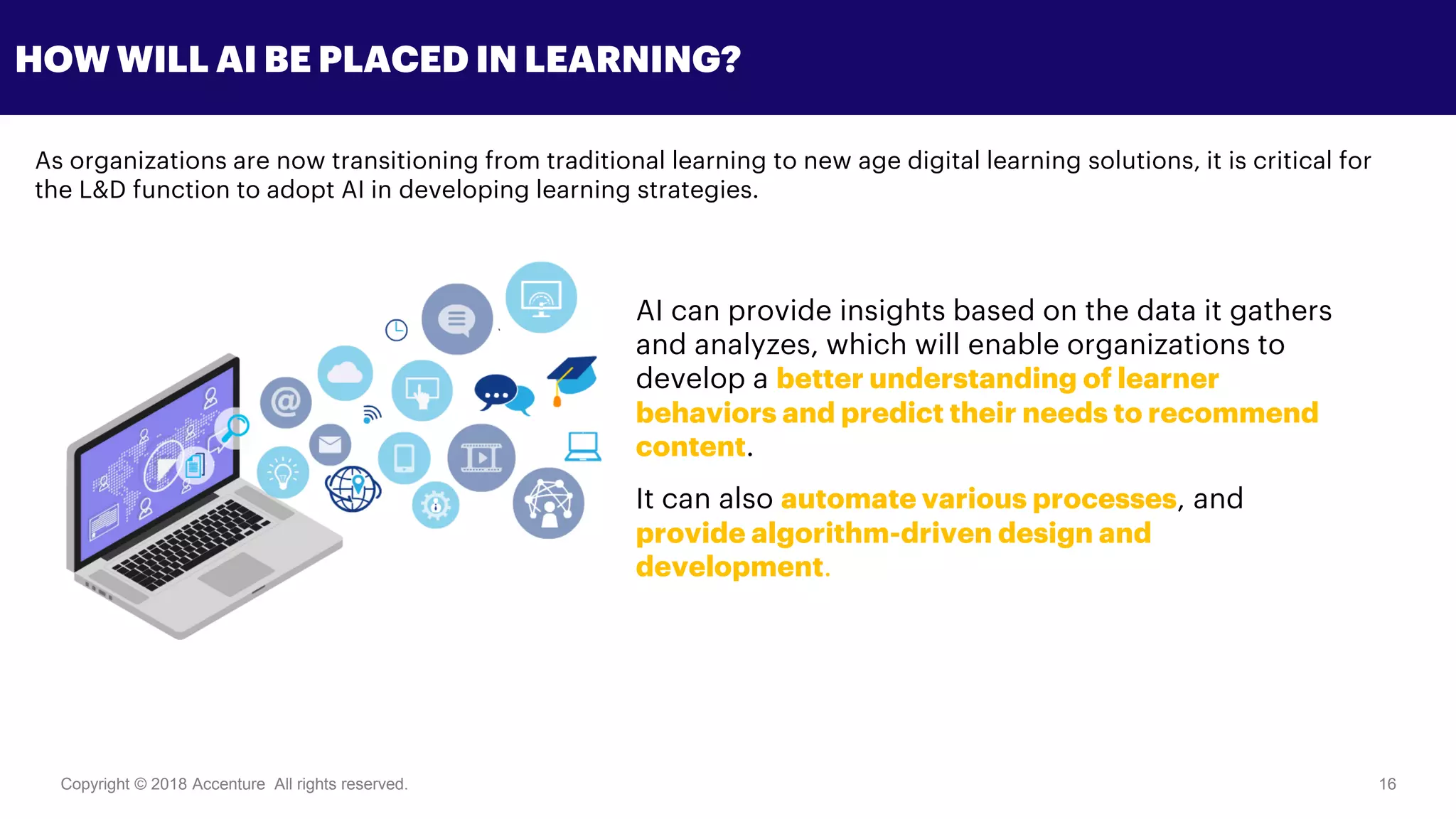 Copyright © 2018 Accenture All rights reserved. 16
HOW WILL AI BE PLACED IN LEARNING?
As organizations are now transitioning from traditional learning to new age digital learning solutions, it is critical for
the L&D function to adopt AI in developing learning strategies.
AI can provide insights based on the data it gathers
and analyzes, which will enable organizations to
develop a better understanding of learner
behaviors and predict their needs to recommend
content.
It can also automate various processes, and
provide algorithm-driven design and
development.
 