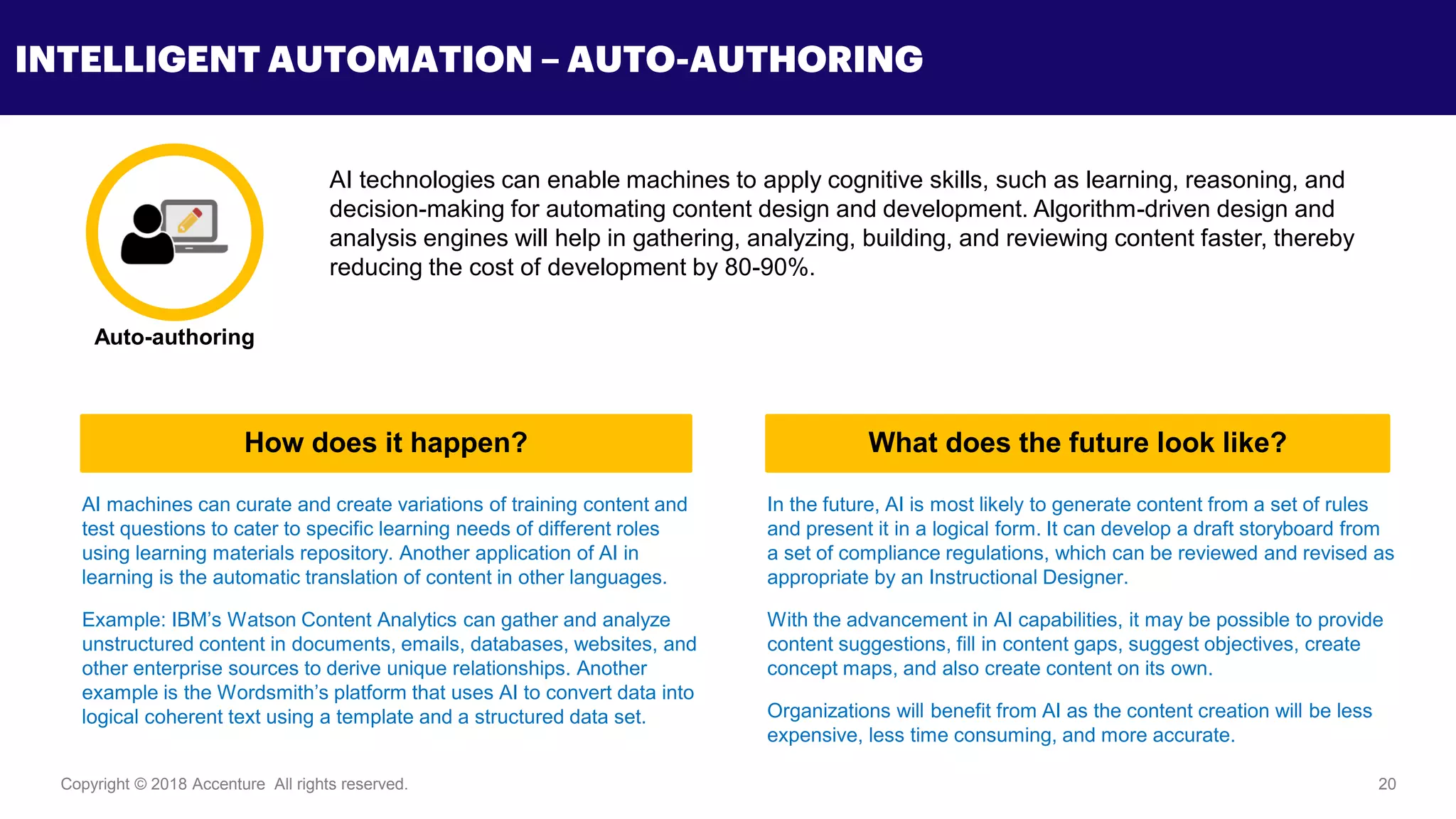 Copyright © 2018 Accenture All rights reserved. 20
INTELLIGENT AUTOMATION – AUTO-AUTHORING
AI technologies can enable machines to apply cognitive skills, such as learning, reasoning, and
decision-making for automating content design and development. Algorithm-driven design and
analysis engines will help in gathering, analyzing, building, and reviewing content faster, thereby
reducing the cost of development by 80-90%.
How does it happen? What does the future look like?
AI machines can curate and create variations of training content and
test questions to cater to specific learning needs of different roles
using learning materials repository. Another application of AI in
learning is the automatic translation of content in other languages.
Example: IBM’s Watson Content Analytics can gather and analyze
unstructured content in documents, emails, databases, websites, and
other enterprise sources to derive unique relationships. Another
example is the Wordsmith’s platform that uses AI to convert data into
logical coherent text using a template and a structured data set.
In the future, AI is most likely to generate content from a set of rules
and present it in a logical form. It can develop a draft storyboard from
a set of compliance regulations, which can be reviewed and revised as
appropriate by an Instructional Designer.
With the advancement in AI capabilities, it may be possible to provide
content suggestions, fill in content gaps, suggest objectives, create
concept maps, and also create content on its own.
Organizations will benefit from AI as the content creation will be less
expensive, less time consuming, and more accurate.
Auto-authoring
 