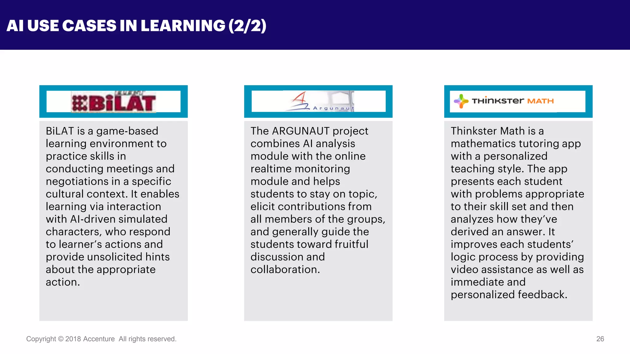 Copyright © 2018 Accenture All rights reserved. 26
AI USE CASES IN LEARNING (2/2)
BiLAT is a game-based
learning environment to
practice skills in
conducting meetings and
negotiations in a specific
cultural context. It enables
learning via interaction
with AI-driven simulated
characters, who respond
to learner’s actions and
provide unsolicited hints
about the appropriate
action.
The ARGUNAUT project
combines AI analysis
module with the online
realtime monitoring
module and helps
students to stay on topic,
elicit contributions from
all members of the groups,
and generally guide the
students toward fruitful
discussion and
collaboration.
Thinkster Math is a
mathematics tutoring app
with a personalized
teaching style. The app
presents each student
with problems appropriate
to their skill set and then
analyzes how they’ve
derived an answer. It
improves each students’
logic process by providing
video assistance as well as
immediate and
personalized feedback.
 