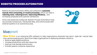 Copyright © 2018 Accenture All rights reserved. 11
ROBOTIC PROCESS AUTOMATION
Blue Prism is an enterprise RPA software to help organizations eliminate low-return, high-risk, manual data
entry and processing work. Blue Prism helps organizations in deploying software robots to:
• Build an agile digital workforce
• Increase productivity with less resources
• Improve cost savings and accuracy
• Provide superior customer experience
Robotic Process Automation (RPA) uses software to automate
manual, time-consuming, or routine processes, which can help in
reducing costs, reducing errors, improving efficiency, and
increasing employee and customer satisfaction.
Once instructed and configured, Robotic Process Automation tools
can process transactions, manipulate data, and communicate with
external systems in an autonomous way.
 