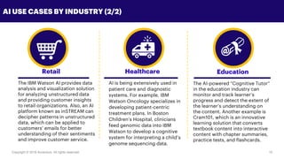 Copyright © 2018 Accenture All rights reserved. 15
AI USE CASES BY INDUSTRY (2/2)
AI is being extensively used in
patient care and diagnostic
systems. For example, IBM
Watson Oncology specializes in
developing patient-centric
treatment plans. In Boston
Children’s Hospital, clinicians
feed genomic data into IBM
Watson to develop a cognitive
system for interpreting a child’s
genome sequencing data.
Healthcare
The AI-powered “Cognitive Tutor”
in the education industry can
monitor and track learner’s
progress and detect the extent of
the learner’s understanding on
the content. Another example is
Cram101, which is an innovative
learning solution that converts
textbook content into interactive
content with chapter summaries,
practice tests, and flashcards.
EducationRetail
The IBM Watson AI provides data
analysis and visualization solution
for analyzing unstructured data
and providing customer insights
to retail organizations. Also, an AI
platform known as inSTREAM can
decipher patterns in unstructured
data, which can be applied to
customers’ emails for better
understanding of their sentiments
and improve customer service.
 