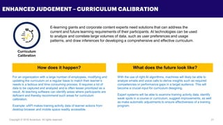 Copyright © 2018 Accenture All rights reserved. 21
ENHANCED JUDGEMENT – CURRICULUM CALIBRATION
E-learning giants and corporate content experts need solutions that can address the
current and future learning requirements of their participants. AI technologies can be used
to analyze and correlate large volumes of data, such as user preferences and usage
patterns, and draw inferences for developing a comprehensive and effective curriculum.
For an organization with a large number of employees, modifying and
updating the curriculum on a regular basis to match their learner’s
needs is a tedious and time consuming process. It requires a lot of
data to be captured and analyzed and is often lesser prioritized as a
result. AI teaching software can identify areas where participants are
deficient and thereby recommend such areas for curriculum
calibration.
Example: xAPI makes training activity data of learner actions from
desktop browser and mobile space readily accessible.
With the use of right AI algorithms, machines will likely be able to
analyze emails and voice calls to derive insights such as required
competencies or performance gaps in a target audience. This will
become a crucial input for curriculum designing.
Expert systems will be able to examine training activity data, identify
weak spots in a course or curriculum, suggest improvements, as well
as make automatic adjustments to ensure effectiveness of a training
program.
Curriculum
Calibration
How does it happen? What does the future look like?
 
