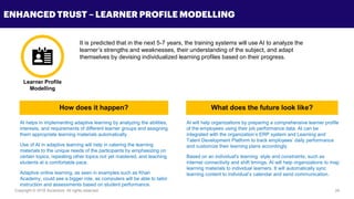Copyright © 2018 Accenture All rights reserved. 24
ENHANCED TRUST – LEARNER PROFILE MODELLING
It is predicted that in the next 5-7 years, the training systems will use AI to analyze the
learner’s strengths and weaknesses, their understanding of the subject, and adapt
themselves by devising individualized learning profiles based on their progress.
AI helps in implementing adaptive learning by analyzing the abilities,
interests, and requirements of different learner groups and assigning
them appropriate learning materials automatically.
Use of AI in adaptive learning will help in catering the learning
materials to the unique needs of the participants by emphasizing on
certain topics, repeating other topics not yet mastered, and teaching
students at a comfortable pace.
Adaptive online learning, as seen in examples such as Khan
Academy, could see a bigger role, as computers will be able to tailor
instruction and assessments based on student performance.
AI will help organizations by preparing a comprehensive learner profile
of the employees using their job performance data. AI can be
integrated with the organization’s ERP system and Learning and
Talent Development Platform to track employees’ daily performance
and customize their learning plans accordingly.
Based on an individual's learning style and constraints, such as
internet connectivity and shift timings, AI will help organizations to map
learning materials to individual learners. It will automatically sync
learning content to individual’s calendar and send communication.
Learner Profile
Modelling
How does it happen? What does the future look like?
 