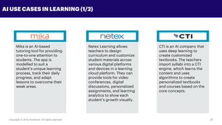 Copyright © 2018 Accenture All rights reserved. 25
AI USE CASES IN LEARNING (1/2)
Mika is an AI-based
tutoring tool for providing
one-to-one attention to
students. The app is
modelled to suit a
student’s unique learning
process, track their daily
progress, and adapt
lessons to overcome their
weak areas.
Netex Learning allows
teachers to design
curriculum and customize
student materials across
various digital platforms
and devices in a learning
cloud platform. They can
provide tools for video
conferences, digital
discussions, personalized
assignments, and learning
analytics to show each
student’s growth visually.
CTI is an AI company that
uses deep learning to
create customized
textbooks. The teachers
import syllabi into a CTI
engine, which learns the
content and uses
algorithms to create
personalized textbooks
and courses based on the
core concepts.
 