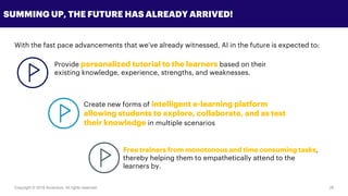 Copyright © 2018 Accenture All rights reserved. 29
SUMMING UP, THE FUTURE HAS ALREADY ARRIVED!
With the fast pace advancements that we’ve already witnessed, AI in the future is expected to:
Provide personalized tutorial to the learners based on their
existing knowledge, experience, strengths, and weaknesses.
Create new forms of intelligent e-learning platform
allowing students to explore, collaborate, and as test
their knowledge in multiple scenarios
Free trainers from monotonous and time consuming tasks,
thereby helping them to empathetically attend to the
learners by.
 