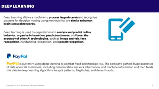 Copyright © 2018 Accenture All rights reserved. 9
DEEP LEARNING
Deep Learning allows a machine to process large datasets and recognize
patterns for decision making using methods that are similar to human
brain’s neural networks.
Deep learning is used by organizations to analyze and predict online
behavior, organize information, predict outcomes, and boost the
accuracy of other AI technologies, such as image analysis, face
recognition, handwriting recognition, and speech recognition.
PayPal is currently using deep learning to combat fraud and manage risk. The company gathers huge quantities
of data about its customers, including financial data, network information, and machine information and then feeds
this data to deep learning algorithms to spot patterns, fix glitches, and detect frauds.
 