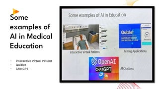 Some
examples of
AI in Medical
Education
• Interactive Virtual Patient
• Quizlet
• ChatGPT
 