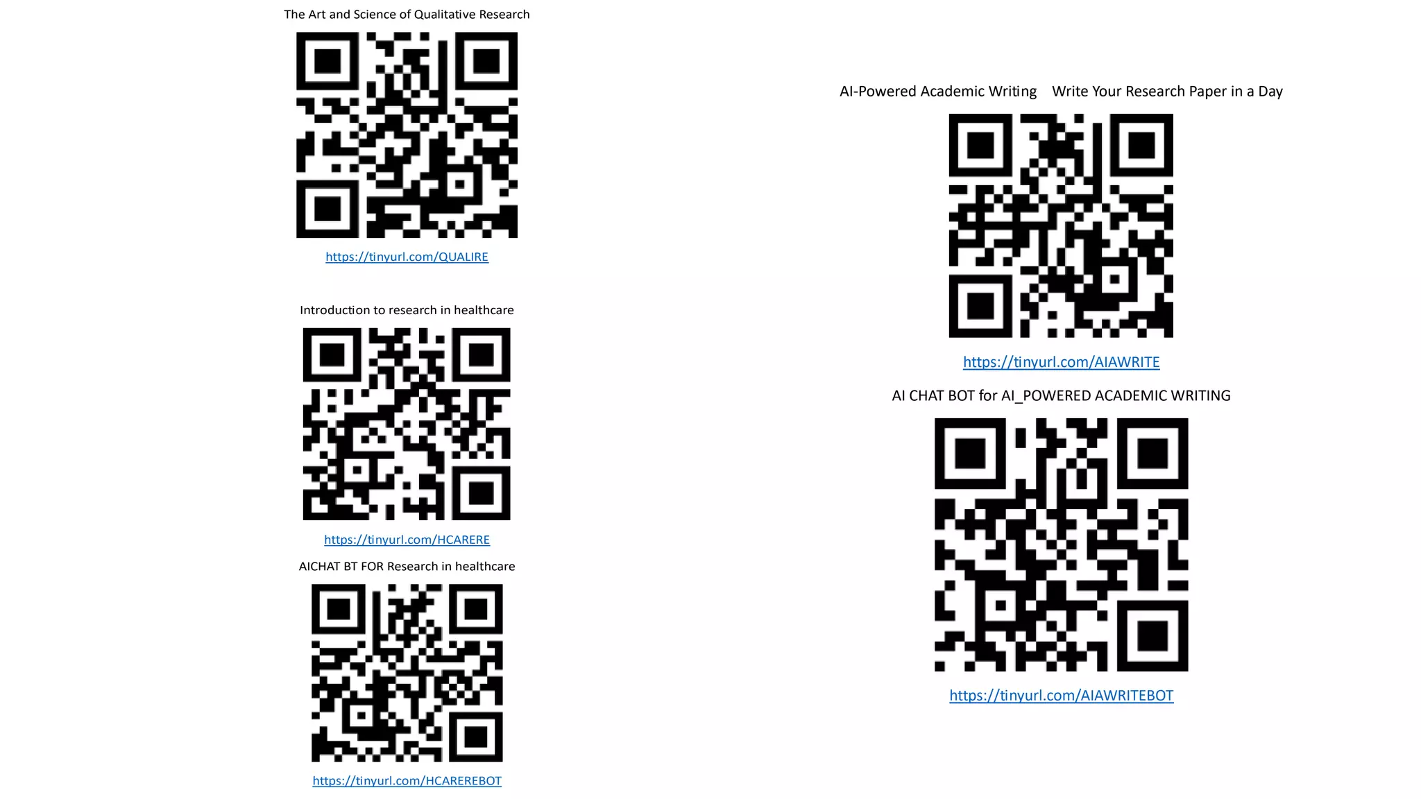 The Art and Science of Qualitative Research
https://tinyurl.com/QUALIRE
Introduction to research in healthcare
https://tinyurl.com/HCARERE
AICHAT BT FOR Research in healthcare
https://tinyurl.com/HCAREREBOT
AI-Powered Academic Writing Write Your Research Paper in a Day
https://tinyurl.com/AIAWRITE
AI CHAT BOT for AI_POWERED ACADEMIC WRITING
https://tinyurl.com/AIAWRITEBOT
 