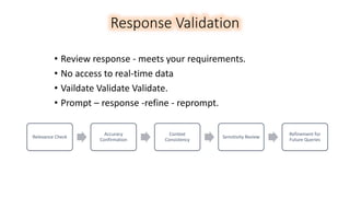 Response Validation
• Review response - meets your requirements.
• No access to real-time data
• Vaildate Validate Validate.
• Prompt – response -refine - reprompt.
Relevance Check
Accuracy
Confirmation
Context
Consistency
Sensitivity Review
Refinement for
Future Queries
 