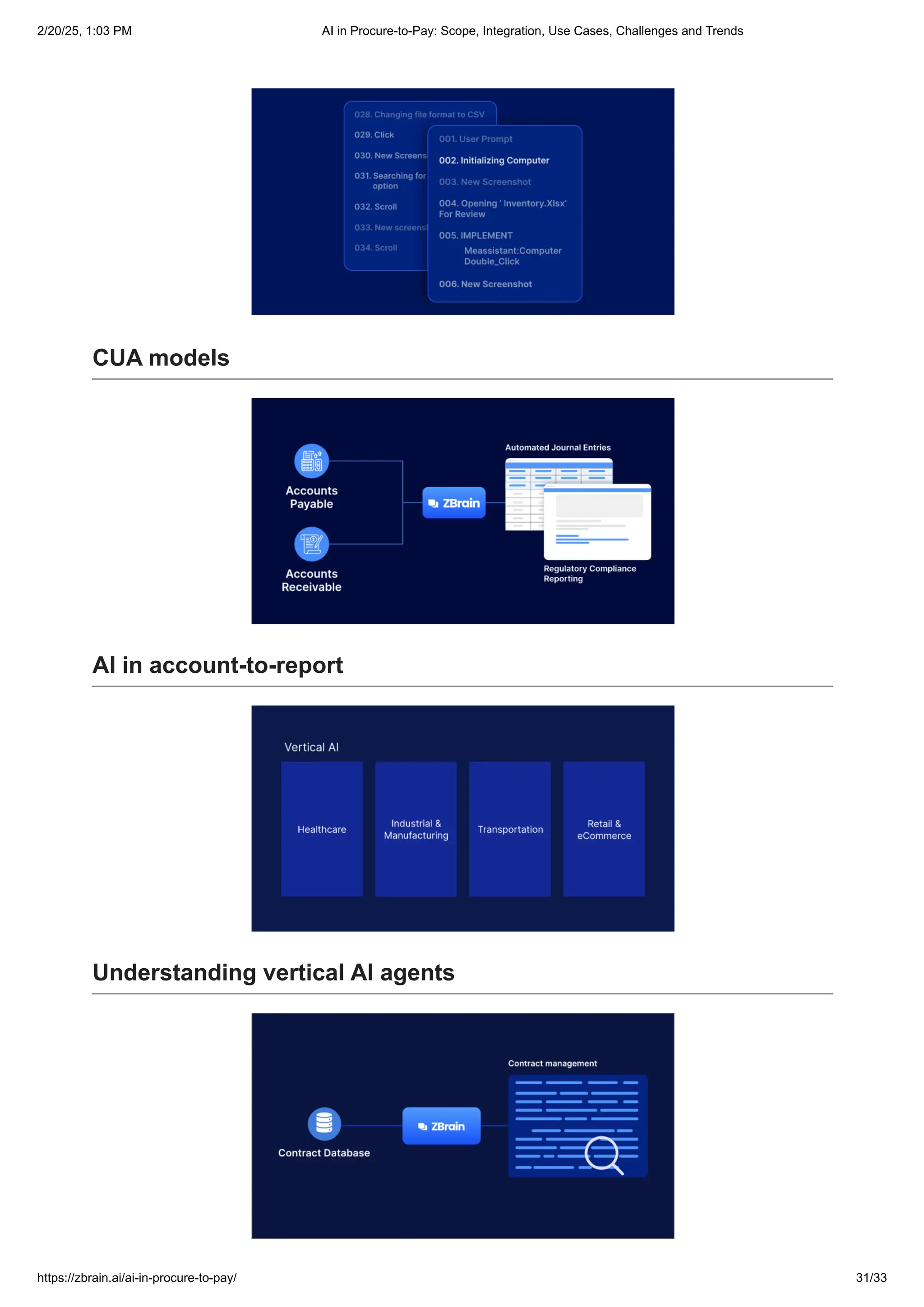 CUA models
AI in account-to-report
Understanding vertical AI agents
2/20/25, 1:03 PM AI in Procure-to-Pay: Scope, Integration, Use Cases, Challenges and Trends
https://zbrain.ai/ai-in-procure-to-pay/ 31/33
 