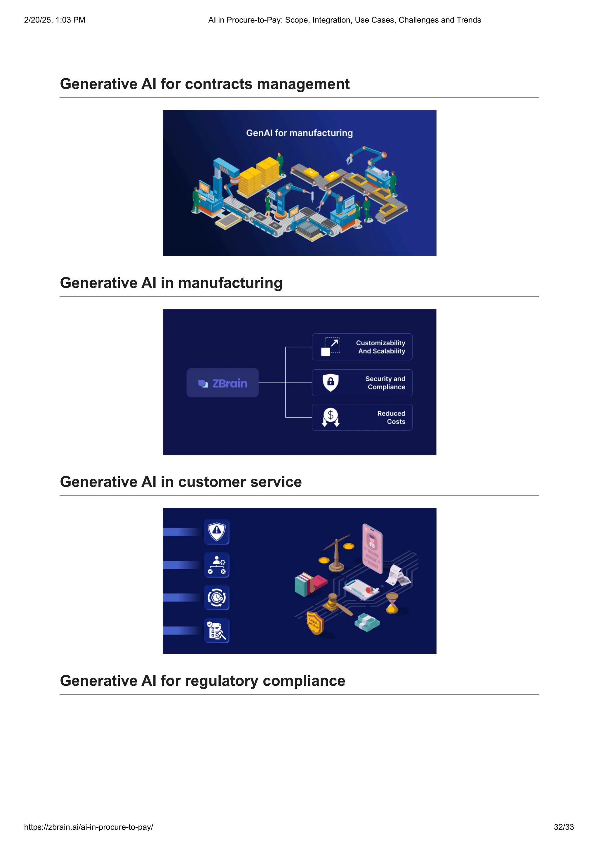 Generative AI for contracts management
Generative AI in manufacturing
Generative AI in customer service
Generative AI for regulatory compliance
2/20/25, 1:03 PM AI in Procure-to-Pay: Scope, Integration, Use Cases, Challenges and Trends
https://zbrain.ai/ai-in-procure-to-pay/ 32/33
 