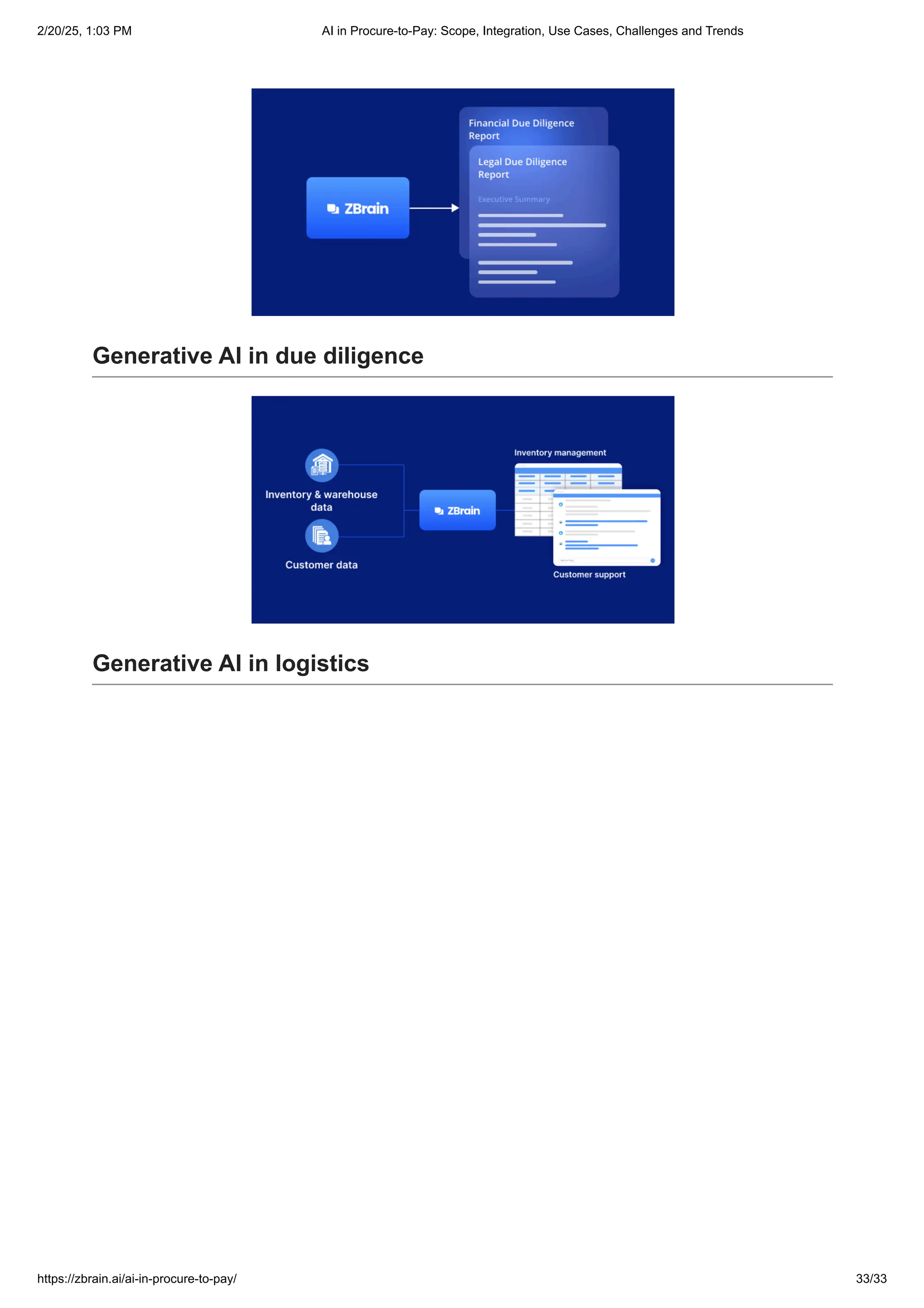 Generative AI in due diligence
Generative AI in logistics
2/20/25, 1:03 PM AI in Procure-to-Pay: Scope, Integration, Use Cases, Challenges and Trends
https://zbrain.ai/ai-in-procure-to-pay/ 33/33
 