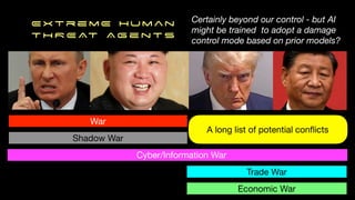 ExtremE Human
T H R E AT Ag e n t s
War
Shadow War
Cyber/Information War
Trade War
Economic War
A long list of potential con
fl
icts
Certainly beyond our control - but AI
might be trained to adopt a damage
control mode based on prior models?
 