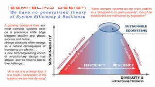 S E M I - B l i n d D E S I G N
W e h a v e n o g e n e r a l i s e d t h e o r y
o f S y s t e m E f f i c i e n c y & R e s i l i e n c e
A growing biological bias: our
most complex systems exist
on a precarious knife edge
between stability and chaos,
success and failure…
strange attractors often emerge
as a natural consequence of
increasing complexity…
a new tech/engineering epoch
of evolutionary design has
arrived and we have to rise to
the challenge…
“AI is not only a design tool, it
is a (multi-) component of the
systems we are now devising”
“Many complex systems do not enjoy stability
as a ‘designed-in or given property’, it must be
established and maintained by adaptation”
 