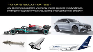 No one solution set
Any operating environment uncertainty implies designed in redundancies,
contingency/adaptability measures, leading to reduced (overall) e
ffi
ciency
 
