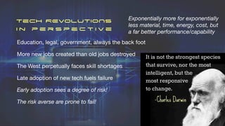 Education, legal, government, always the back foot
More new jobs created than old jobs destroyed
The West perpetually faces skill shortages
Late adoption of new tech fuels failure
Early adoption sees a degree of risk!
The risk averse are prone to fail!
Tech REVOLUTIONS
I n p e r s p e c t i v e
Exponentially more for exponentially
less material, time, energy, cost, but
a far better performance/capability
 