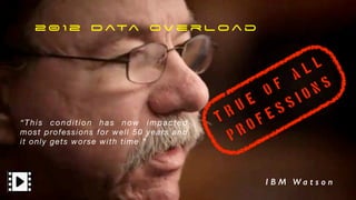 2 0 1 2 D ata O v e r l o a d
I B M W a t s o n
T r u e
o f
A L L
P r o f e s s i o n s
“This condition has now impacted
most professions for well 50 years and
it only gets worse with time ”
 