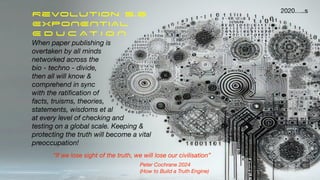 Revolution 5.0
EXPONENTIAL
E D U C AT I O N
When paper publishing is
overtaken by all minds
networked across the
bio - techno - divide,
then all will know &
comprehend in sync
with the rati
fi
cation of
facts, truisms, theories,
statements, wisdoms et al
at every level of checking and
testing on a global scale. Keeping &
protecting the truth will become a vital
preoccupation!
“If we lose sight of the truth, we will lose our civilisation”
Peter Cochrane 2024
(How to Build a Truth Engine)
2020…..s
 