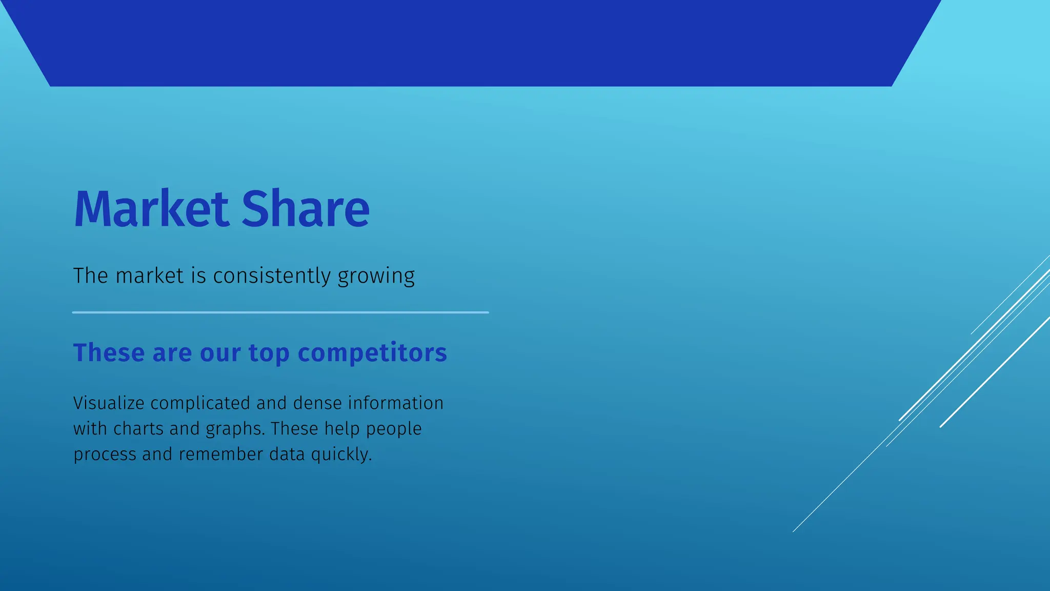 Visualize complicated and dense information
with charts and graphs. These help people
process and remember data quickly.
These are our top competitors
Market Share
The market is consistently growing
