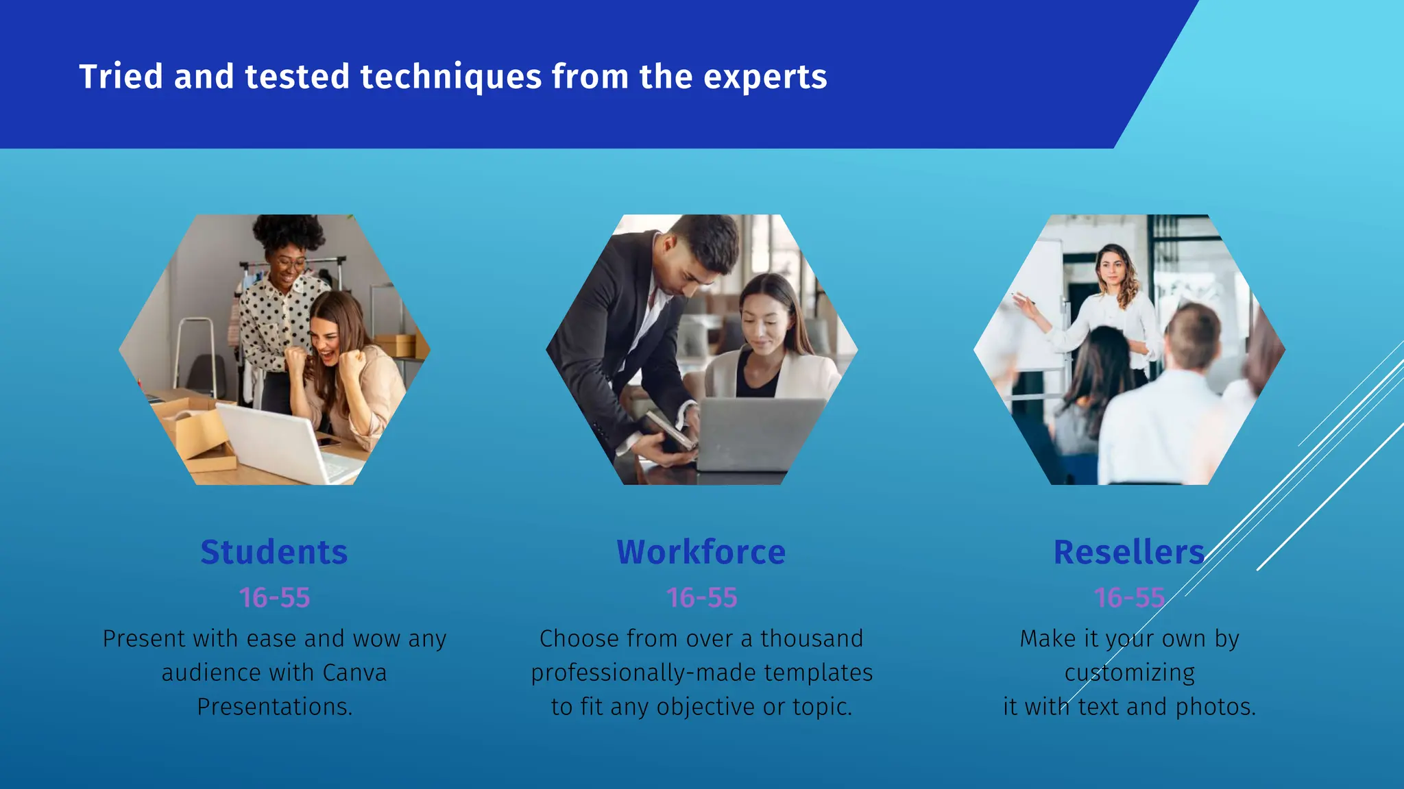 Tried and tested techniques from the experts
Students
16-55
Present with ease and wow any
audience with Canva
Presentations.
Workforce
16-55
Choose from over a thousand
professionally-made templates
to fit any objective or topic.
Resellers
16-55
Make it your own by
customizing
it with text and photos.