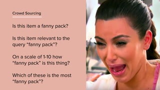 Is this item a fanny pack?
Is this item relevant to the
query “fanny pack”?
On a scale of 1-10 how
“fanny pack” is this thing?
Which of these is the most
“fanny pack”?
Crowd Sourcing
 