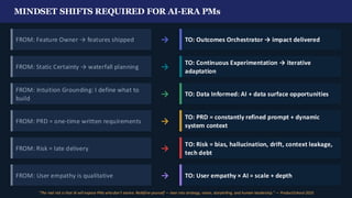 MINDSET SHIFTS REQUIRED FOR AI-ERA PMs
FROM: Feature Owner → features shipped → TO: Outcomes Orchestrator → impact delivered
FROM: Static Certainty → waterfall planning →
TO: Continuous Experimentation → iterative
adaptation
FROM: Intuition Grounding: I define what to
build
→ TO: Data Informed: AI + data surface opportunities
FROM: PRD = one-time written requirements →
TO: PRD = constantly refined prompt + dynamic
system context
FROM: Risk = late delivery →
TO: Risk = bias, hallucination, drift, context leakage,
tech debt
FROM: User empathy is qualitative → TO: User empathy × AI = scale + depth
"The real risk is that AI will expose PMs who don't evolve. Redefine yourself — lean into strategy, vision, storytelling, and human leadership." — ProductSchool 2025
 